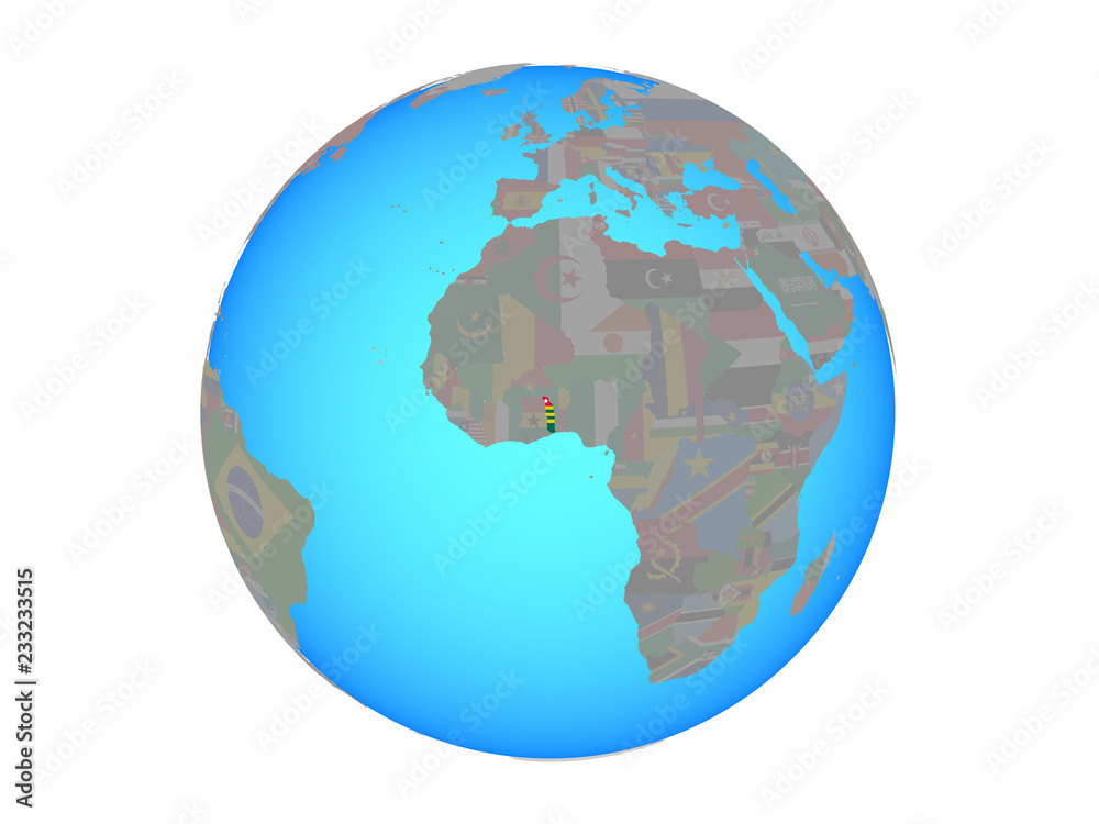 Togo with national flag on blue political globe. 3D illustration isolated on white background. Togo with national flag on blue political globe. 3D illustration isolated on white background.