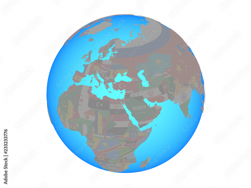 Lebanon with national flag on blue political globe. 3D illustration isolated on white background. Lebanon with national flag on blue political globe. 3D illustration isolated on white background.