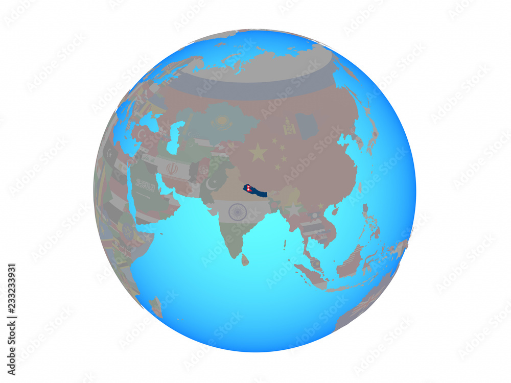 Nepal with national flag on blue political globe. 3D illustration isolated on white background. Nepal with national flag on blue political globe. 3D illustration isolated on white background.