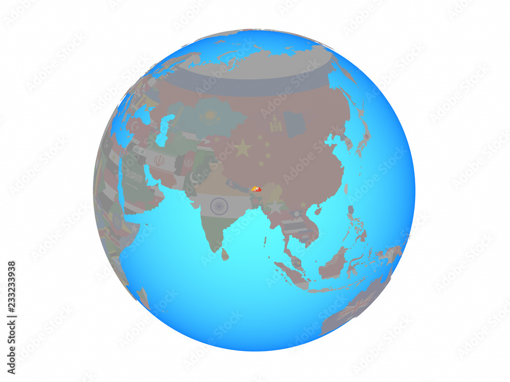 Bhutan with national flag on blue political globe. 3D illustration isolated on white background. Bhutan with national flag on blue political globe. 3D illustration isolated on white background.