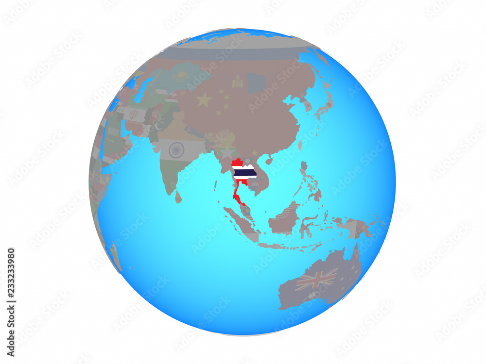 Obraz premium Thailand with national flag on blue political globe. 3D illustration isolated on white background.