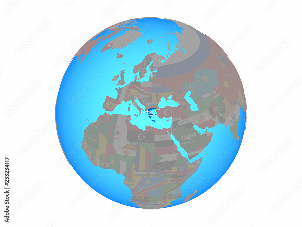 Greece with national flag on blue political globe. 3D illustration isolated on white background. Greece with national flag on blue political globe. 3D illustration isolated on white background.