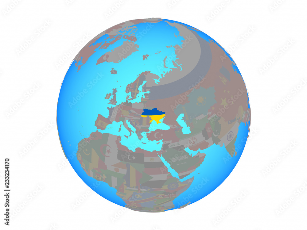 Ukraine with national flag on blue political globe. 3D illustration isolated on white background. Ukraine with national flag on blue political globe. 3D illustration isolated on white background.