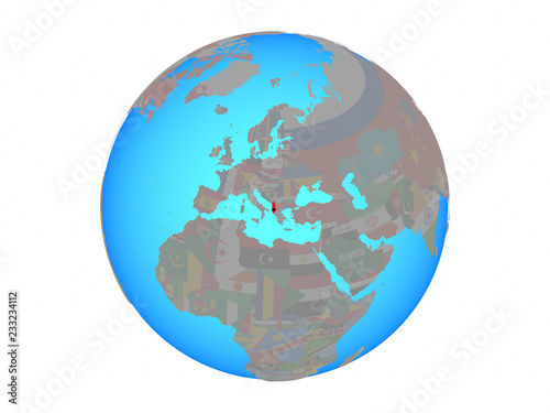 Albania with national flag on blue political globe. 3D illustration isolated on white background.