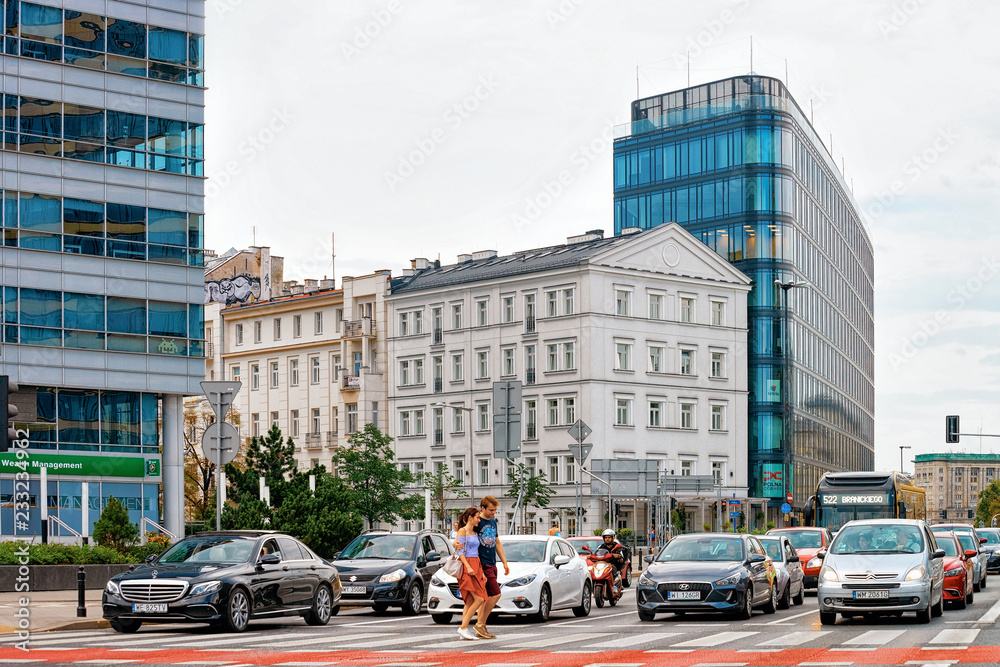 Crossroads at Modern skyscrapers in center of Warsaw
