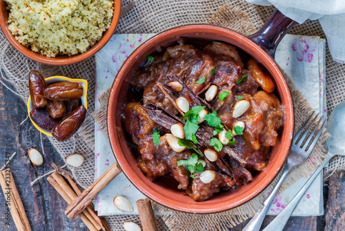 Chicken, date and honey tajine with couscous - top view