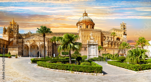 Panoramic view of cathedral church, of the Roman Catholic Archdiocese of Palermo in Sicily - Italy.