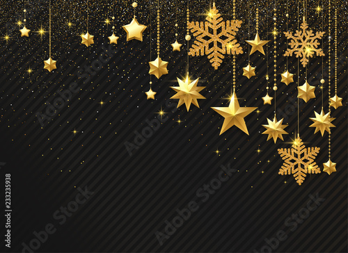 Black shiny festive background with golden stars and snowflakes.