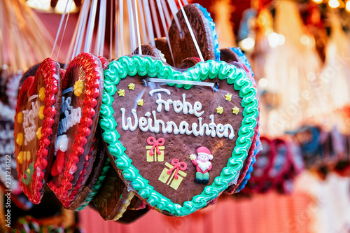 Stand with heart gingerbread sweets at Christmas Market at Berlin