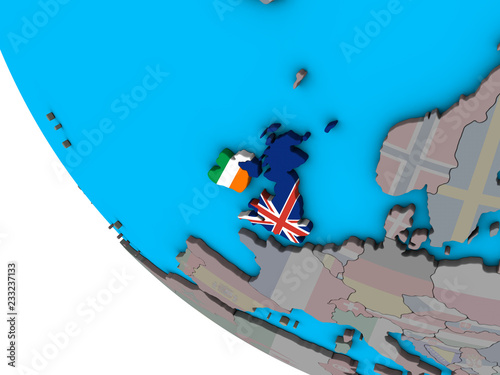 British Isles with embedded national flags on simple 3D globe.