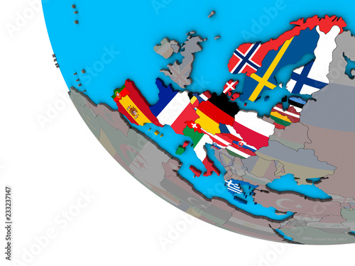 Schengen Area members with embedded national flags on simple 3D globe.