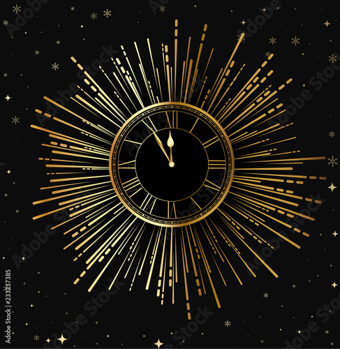 Happy New Year shiny card with gold clock, firework and snow.