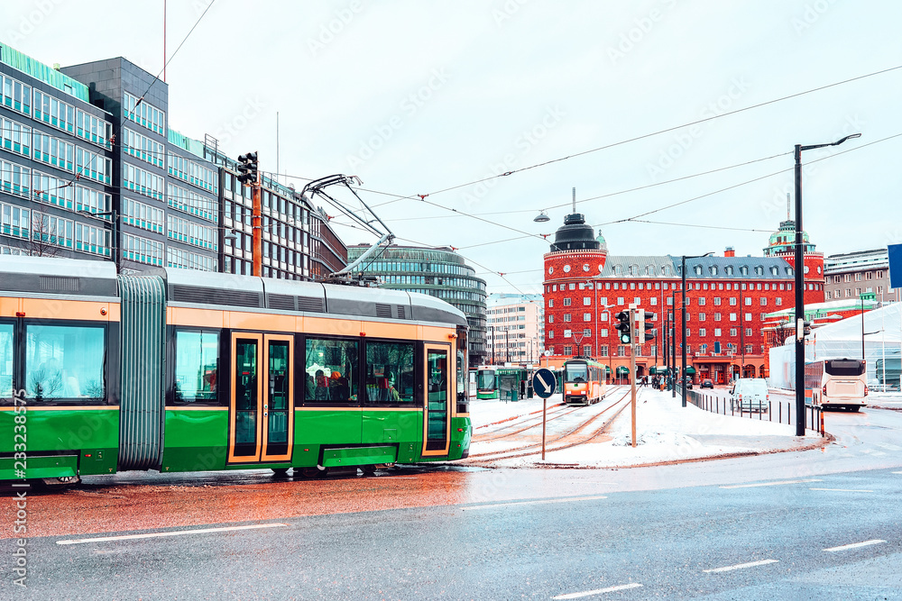 Running tram at Central Railway Station in Finland Helsinki