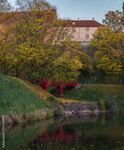 red bridge in autumn