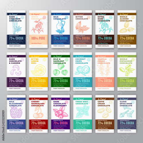The Original Finest Chocolate Abstract Vector Packaging Design Labels Huge Set. Modern Typography with Fruits, Nuts and Spices Sketch Silhouette Background Layouts.