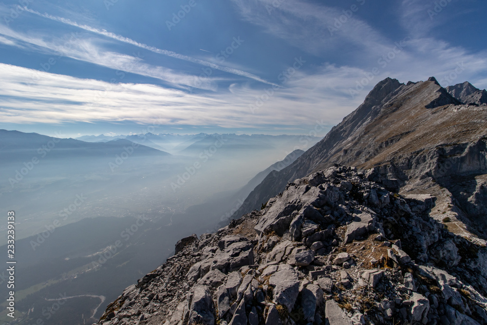 View down to the Innvalley to the Innvalley from a mountain called Hundkopf in the Karwendel Mountains, European Alps, Austria View down to the Innvalley to the Innvalley from a mountain called Hundkopf in the Karwendel Mountains, European Alps, Austria