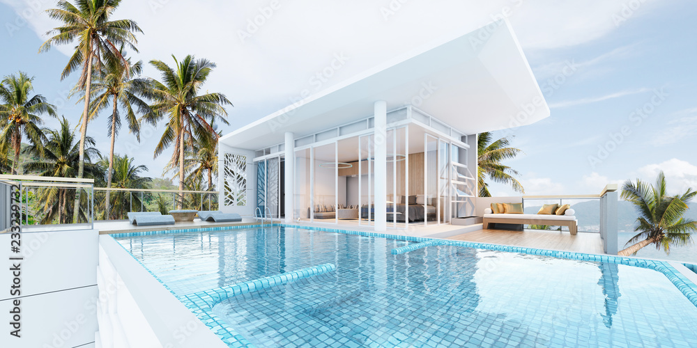 Beautiful view of Swimming Pool with  the sea at sunlight  - 3d rendering