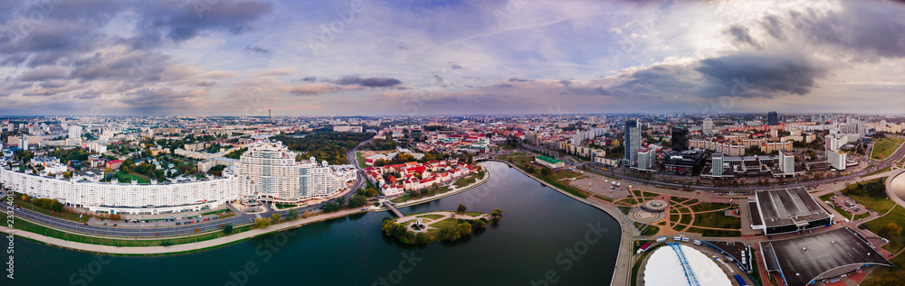 Fototapeta premium Aerial view drone, cityscape of Minsk, Belarus. Sunset. Panorama
