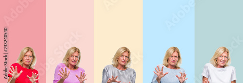 Collage of middle age senior beautiful woman over colorful stripes isolated background disgusted expression, displeased and fearful doing disgust face because aversion reaction. With hands raised