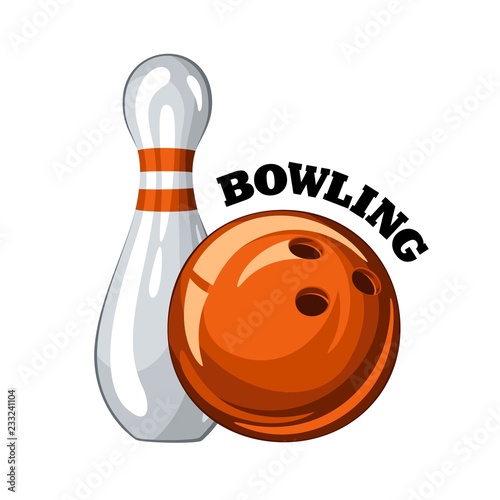 Vector illustration of bowling skittle and orange bowling ball with inscription, isolated on white background 1.1