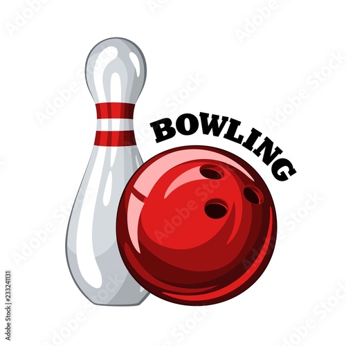 Vector illustration of bowling skittle and red bowling ball with inscription, isolated on white background 1.1