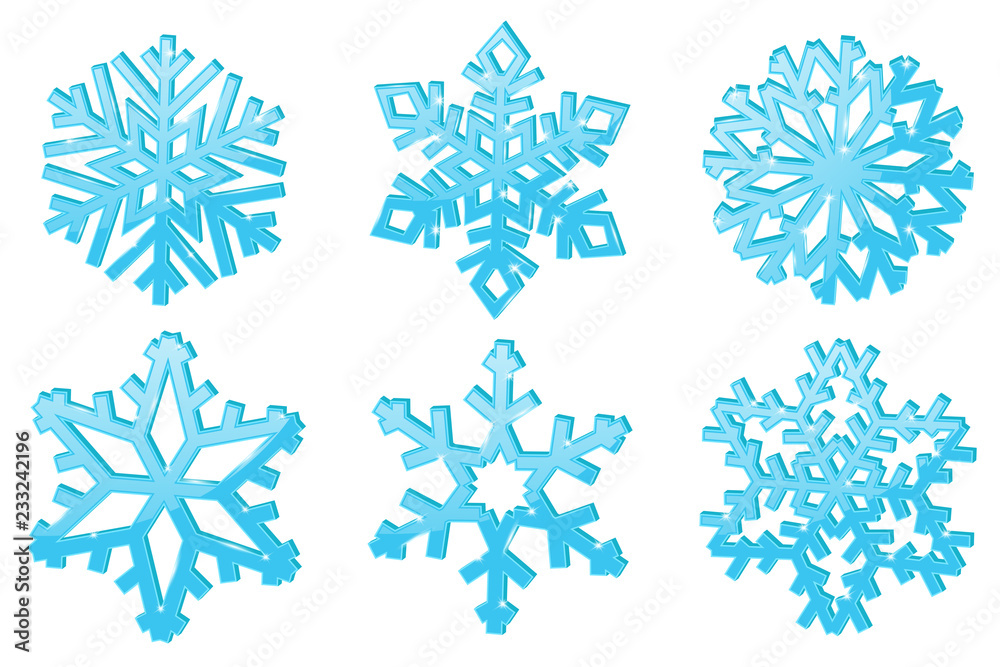 Fototapeta premium Snowflakes. Set of blue 3d winter symbols