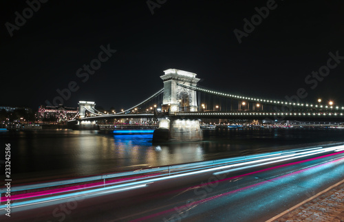 Chain bridge on danube river in budapest city hungary at night