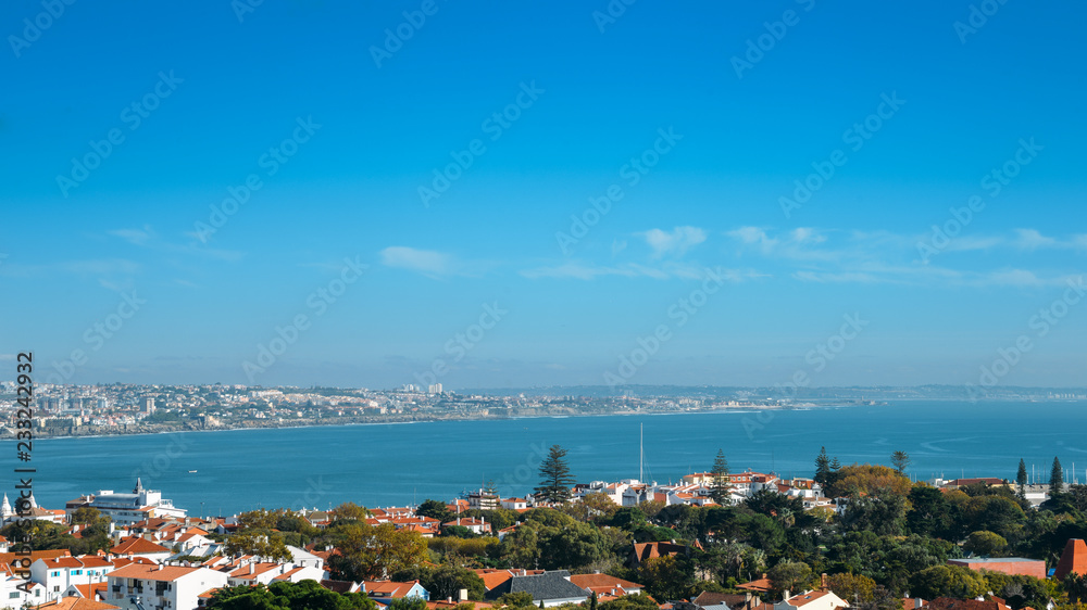 Aerial view of Cascais Bay including Estoril towards Lisbon, Portugal