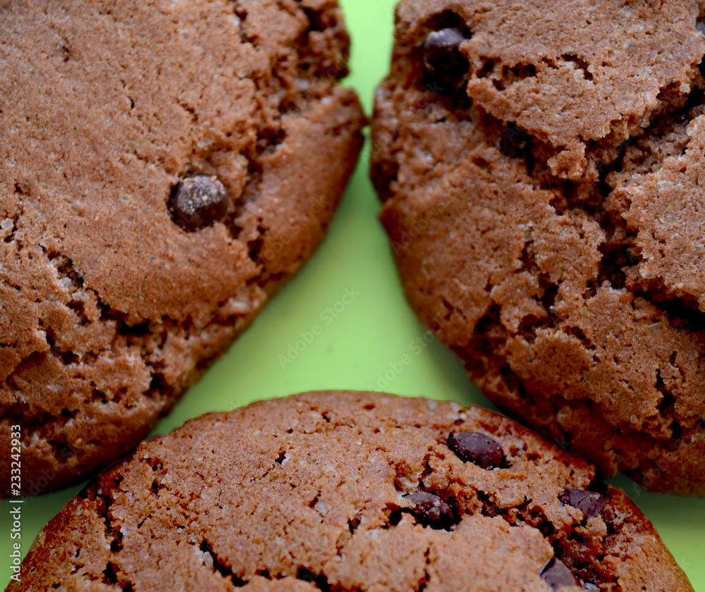 Tasty chocolate chip cookies shaded background. Round cookies with chocolate chip close up