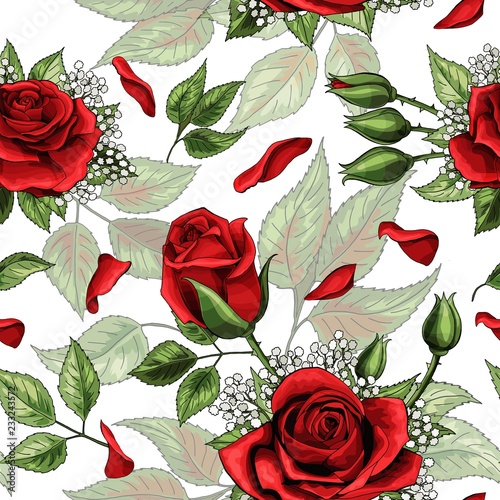 Red rose bouquets and green leaves elements seamless pattern