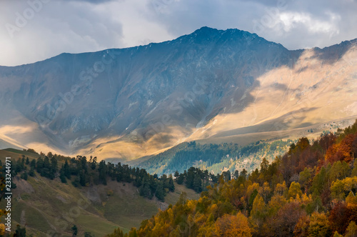 Autumn landscape of the Arkhyz valley in the upper part.