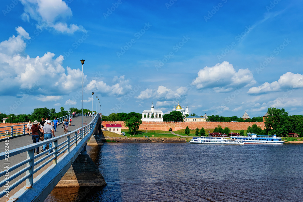Kremlin walls and excursion boats on Volkhov River Veliky Novgorod