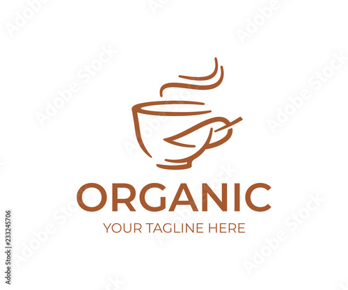 Organic cafe logo design. Coffee cup and leaf vector design. Coffee house logotype