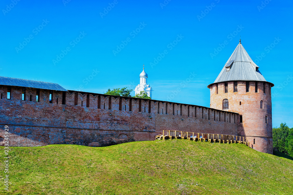Fortification tower and walls of Kremlin in Veliky Novgorod