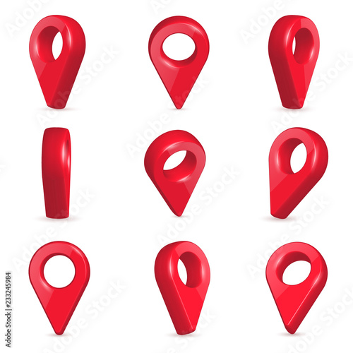 Creative vector illustration of locator, pin realistic 3d map pointers in various angle isolated on transparent background. Art design location symbols template. Abstract concept navigation element