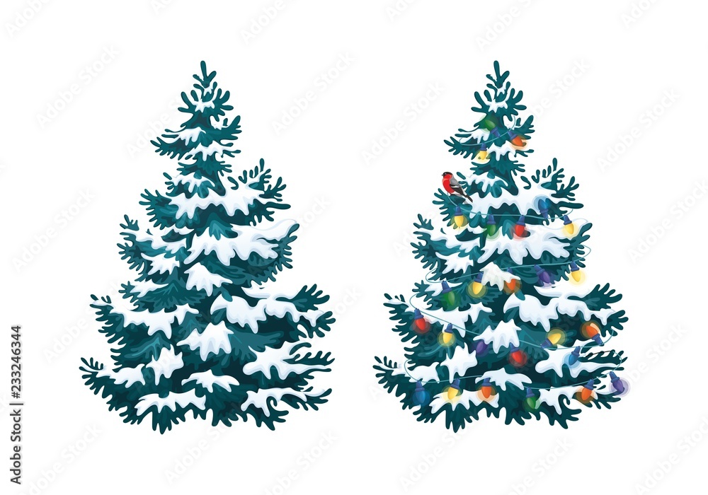 Vector illustration of decorated christmas tree in snow on white background. Blue fluffy christmas pine, isolated on white background 2.3