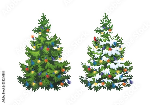 Vector illustration of decorated christmas tree in snow on white background. Green fluffy christmas pine, isolated on white background 1.1