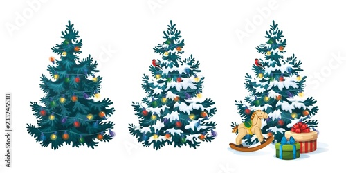 Vector illustration of decorated christmas tree with gifts and toys on white background. Blue fluffy christmas pine in snow 2.2