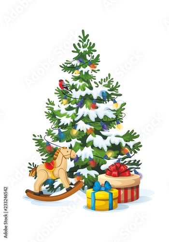 Vector illustration of decorated christmas tree with gifts and toys on white background. Green fluffy christmas pine in snow, isolated on white 1.1