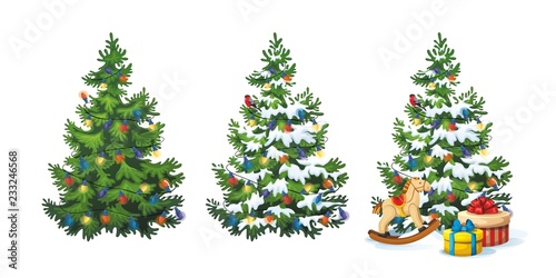 Vector illustration of decorated christmas tree with gifts and toys on white background. Green fluffy christmas pine in snow, isolated on white 1.2