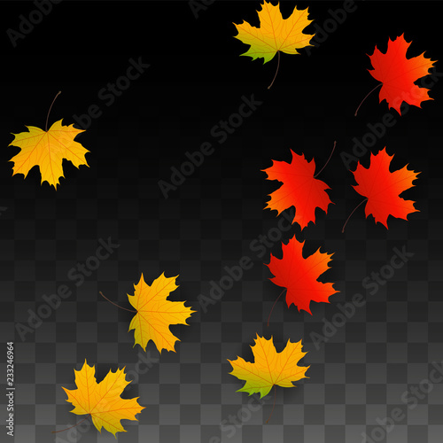 September Vector Background with Golden Falling Leaves. Autumn Illustration with Maple Red, Orange, Yellow Foliage. Isolated Leaf on Transparent Background. Bright Swirl. Suitable for Posters.