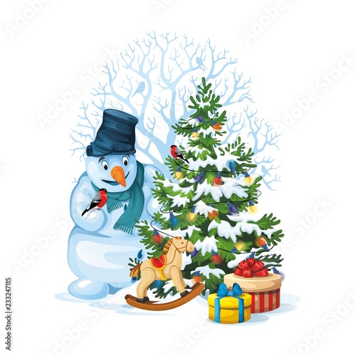 Vector illustration of snowman and decorated christmas tree with gifts and toys on white background. Merry Christmas 1.1