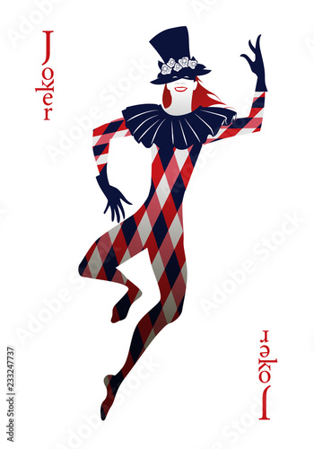 Playing card Joker, with top hat decorated with flowers, mask and rhombus suit, dancing isolated on white background