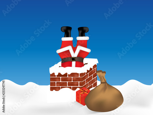 Santa Claus stuck in the chimney upside down and sack full of gifts. Christmas background. Vector