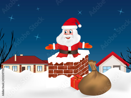 Santa Claus jumping into the chimney and sack full of gifts. Winter night city. Christmas card. Vector