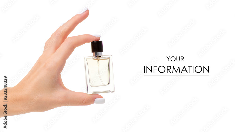 Perfume bottle in hand pattern on white background isolation Perfume bottle in hand pattern on white background isolation