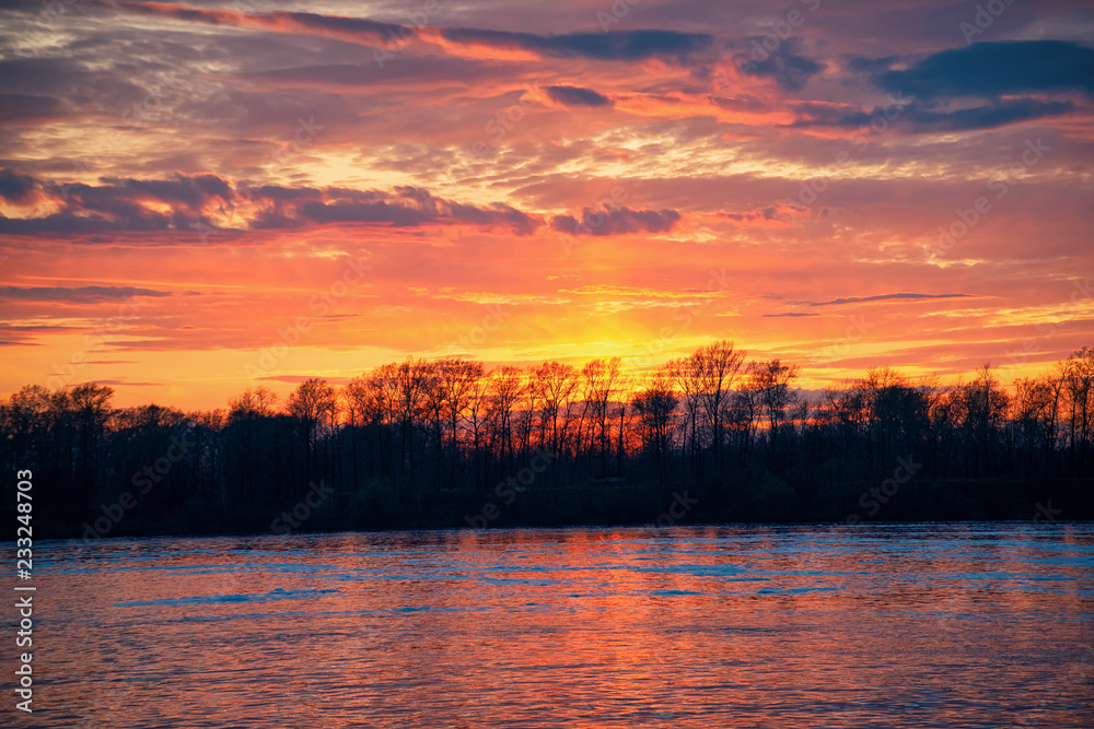 Dramatic sunset over Volga River in Uglich