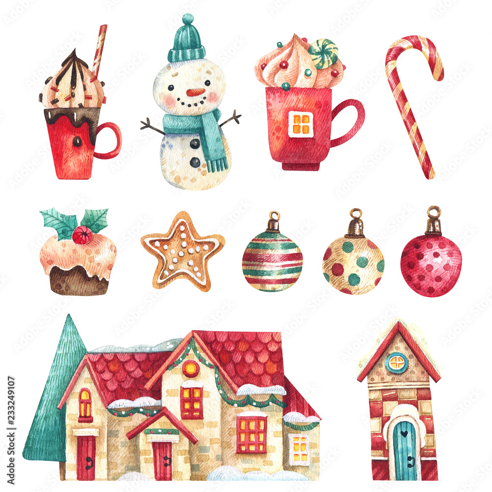 Christmas set of watercolor elements. Houses snowmen, gingerbread, candy, toys and decor.