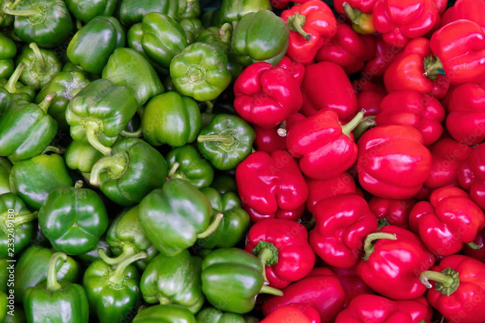 Close up group of fresh green and red organic Palermo sweet chilli pepper in a basket at the gourmet or market.Vegetables in the tray market agriculture farm.