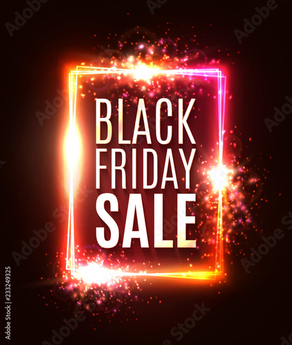 Colorful Black Friday sale background. Discount card. Sales festive backdrop with light flash fireworks particles on dark red. Black Friday design. Banner or flyer template. Bright vector illustration